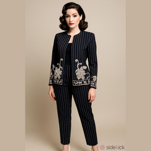 Oscar de la Renta Navy Blue Pinstripe Embroidered Floral Pantsuit Sz: 10 cotton